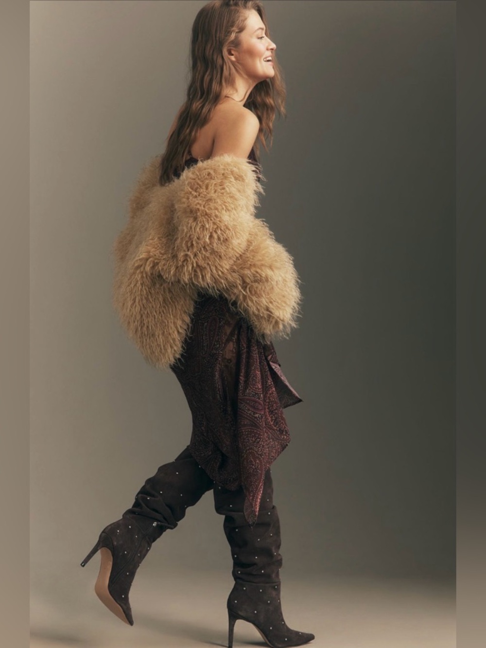 Anthropologie Studded Scrunch Tall Boots – Brown Suede: Size US 7–7.5 / EU 38